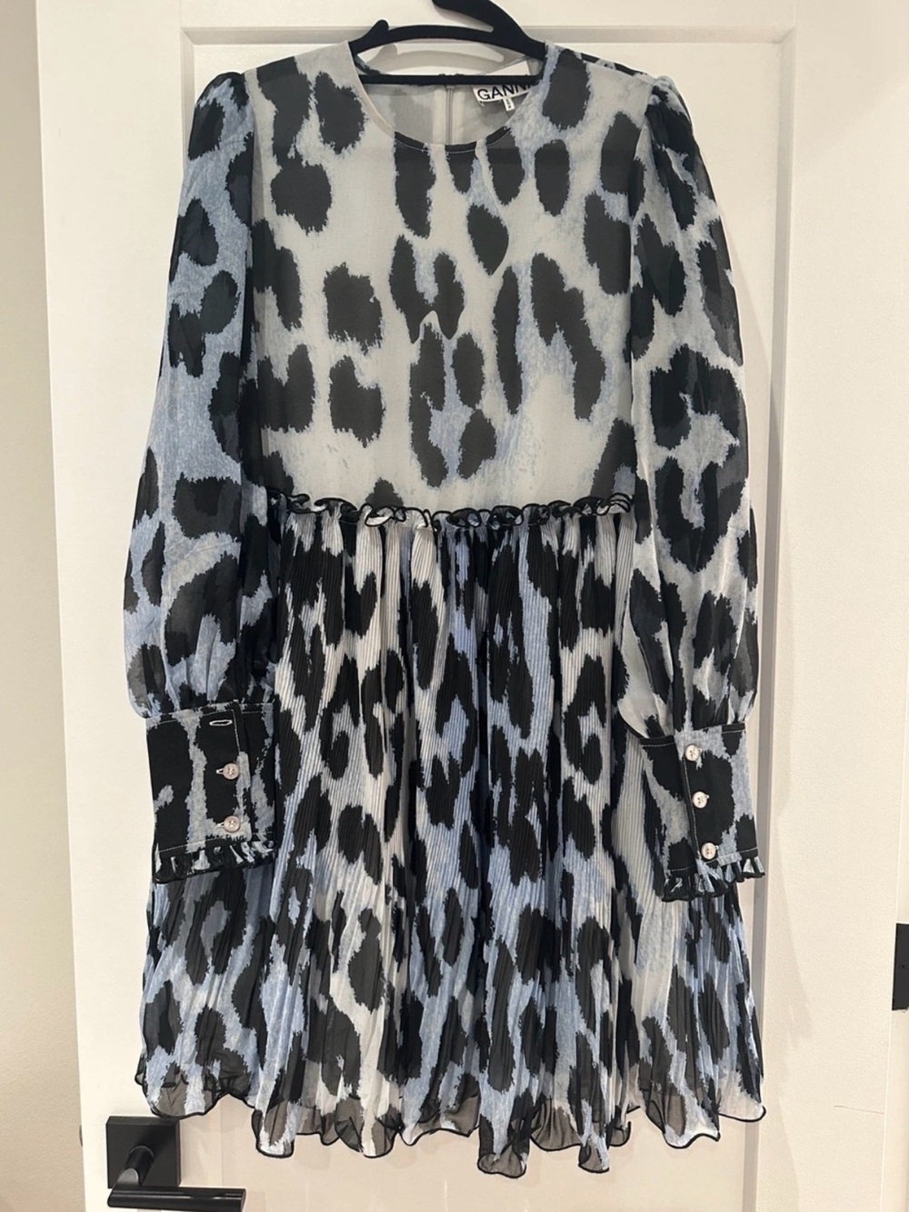 Ganni Black and Light Blue Leopard-Print Pleated Dress